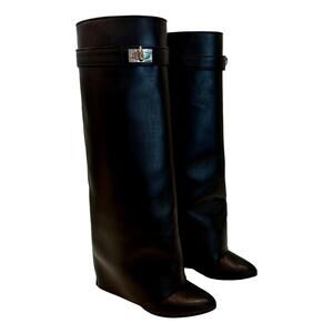 Givenchy Black Leather Knee-High Wedge Boots with Buckle Detail